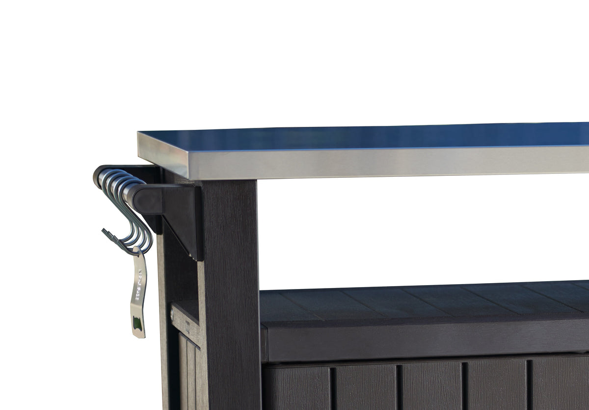 Unity XL Portable Outdoor Table and Storage Cabinet with Accessory Hooks. Espresso Brown