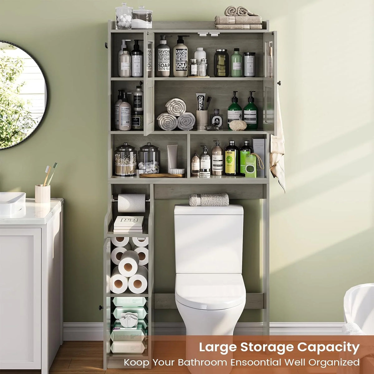 Over the Toilet Storage Cabinet with 3 Doors, Farmhouse Space Saver for Bathroom Organizer with Paper Holder, 10 Shelves and Hooks, 7 - Tier Over Washing Machine Cabinet for Laundry, Bathroom, Natural