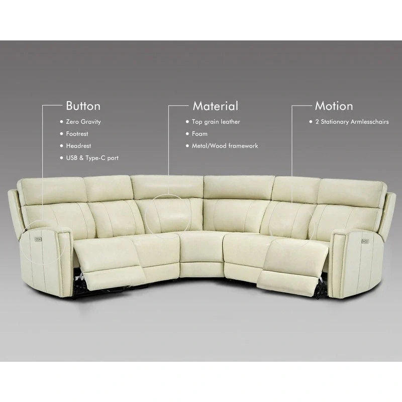 104" 3-Color Genuine Leather Power Reclining Sectional Sofa with Zero Gravity Feature, USB & USB-C Ports, and 2 Stationary Armless Chairs
