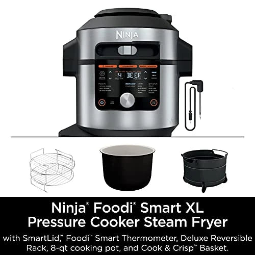 OL701 14 in 1 SMART XL 8 Qt. Pressure Cooker Steam Fryer with SmartLid & Thermometer Auto Steam Release, that Air Fries, Proofs & More, 3 Layer Capacity, 5 Qt. Crisp Basket, Silver/Black