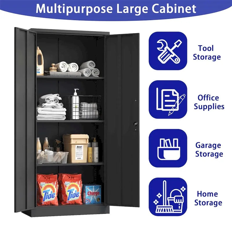 Steel Tool Storage Cabinet with Doors and 3 Shelves - Metal Garage Organizer