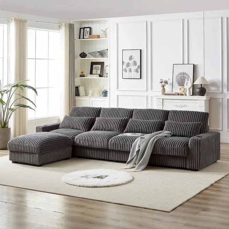 126W Large L-Shaped Corduroy Sofa with USB Charging Port
