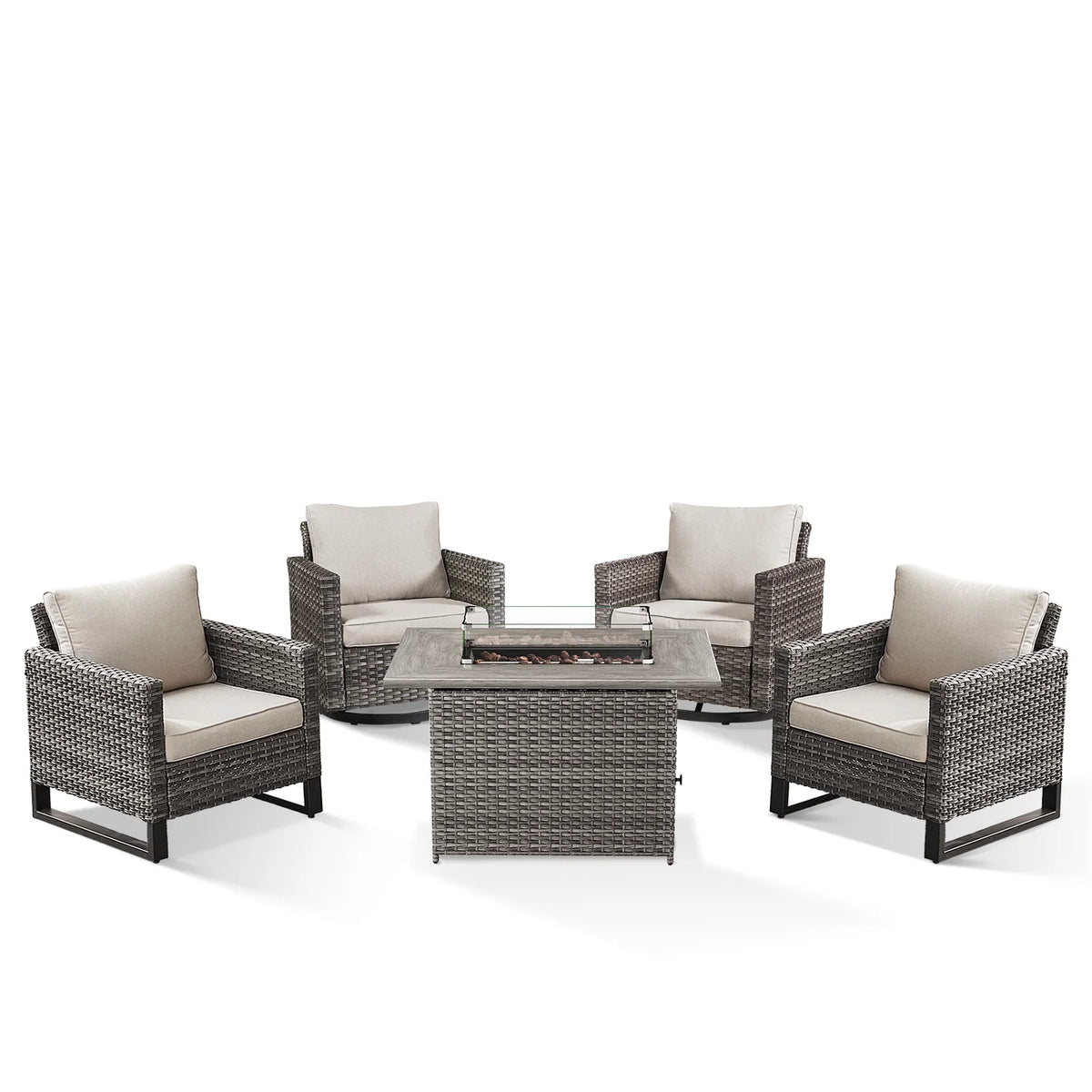 Gymojoy 5 Pieces Outdoor Swivel Rocker Chairs Patio Furniture Set with Gas Fire Pit Table, Wicker Patio Conversation Fire Pit Table Set for Garden, Deck, Porch, Backyard, Beige
