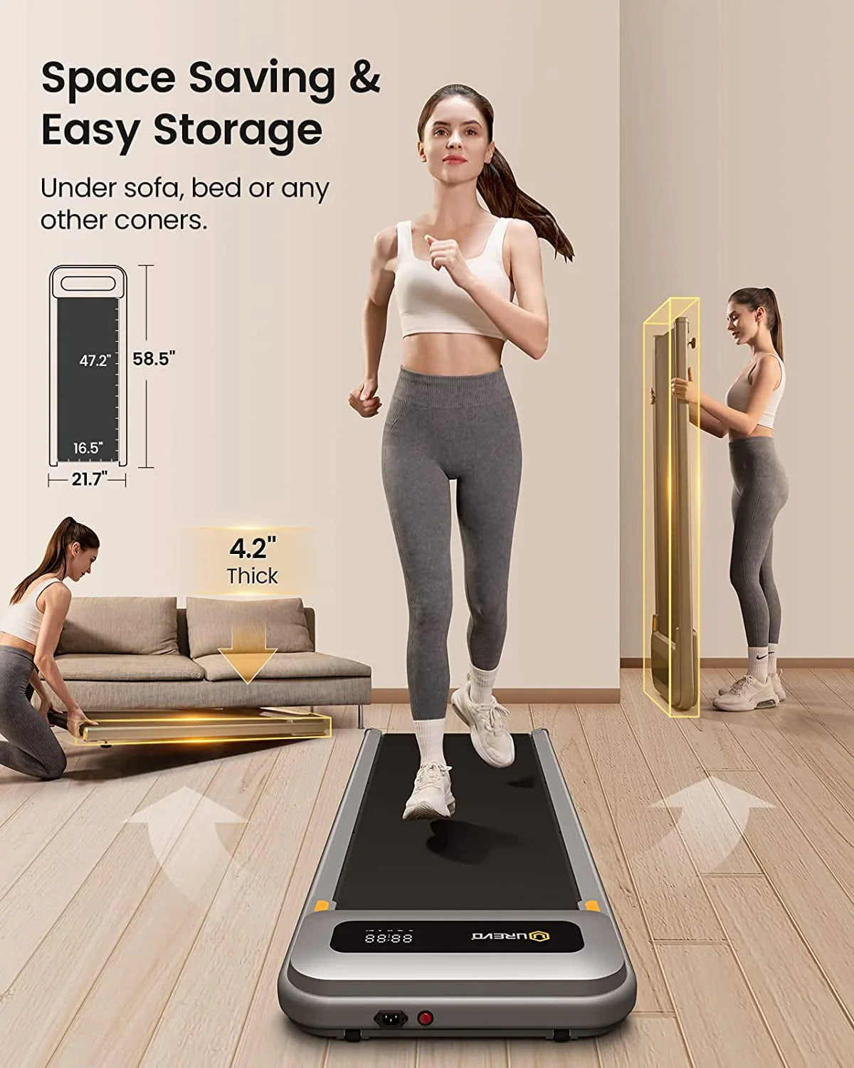 UREVO Walking Pad Under Desks Treadmill, 2.25HP 265 lb Capacity for Office Home with Remote Control