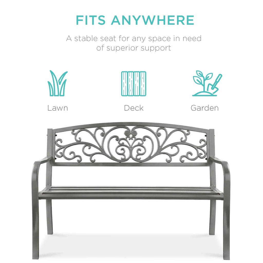 Best Choice Products Outdoor Steel Bench Garden Patio Porch Furniture W/ Floral Design Backrest - Black