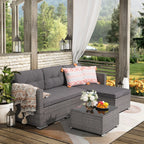 JOIVI 3 Pieces Patio Conversation Set, PE Wicker Rattan Outdoor Furniture Set, 2 Ways Small Sectional Sofa, Tempered Glass Coffee Table, Silver-Gray