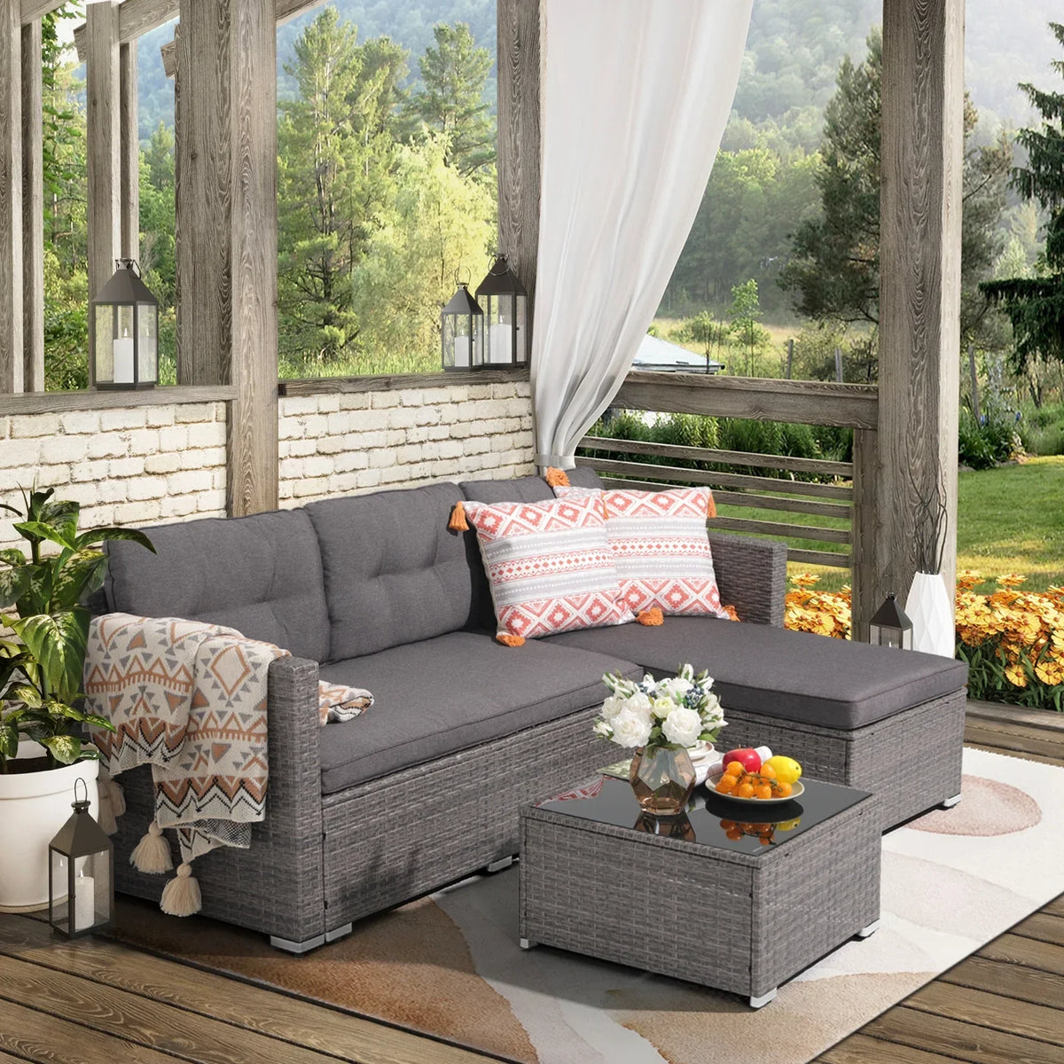 JOIVI 3 Pieces Patio Conversation Set, PE Wicker Rattan Outdoor Furniture Set, 2 Ways Small Sectional Sofa, Tempered Glass Coffee Table, Silver-Gray