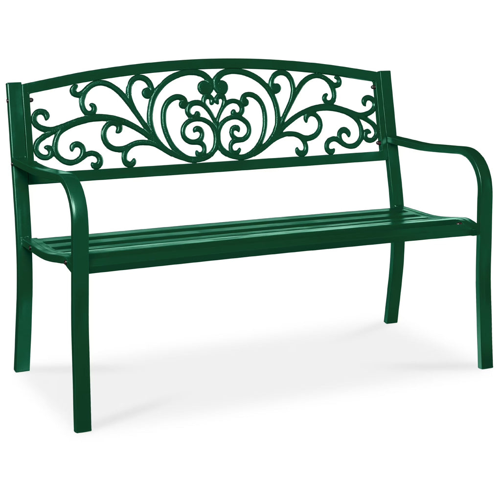 Best Choice Products Outdoor Steel Bench Garden Patio Porch Furniture W/ Floral Design Backrest - Black