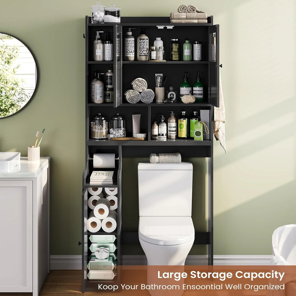 Over the Toilet Storage Cabinet with 3 Doors, Farmhouse Space Saver for Bathroom Organizer with Paper Holder, 10 Shelves and Hooks, 7 - Tier Over Washing Machine Cabinet for Laundry, Bathroom, Natural
