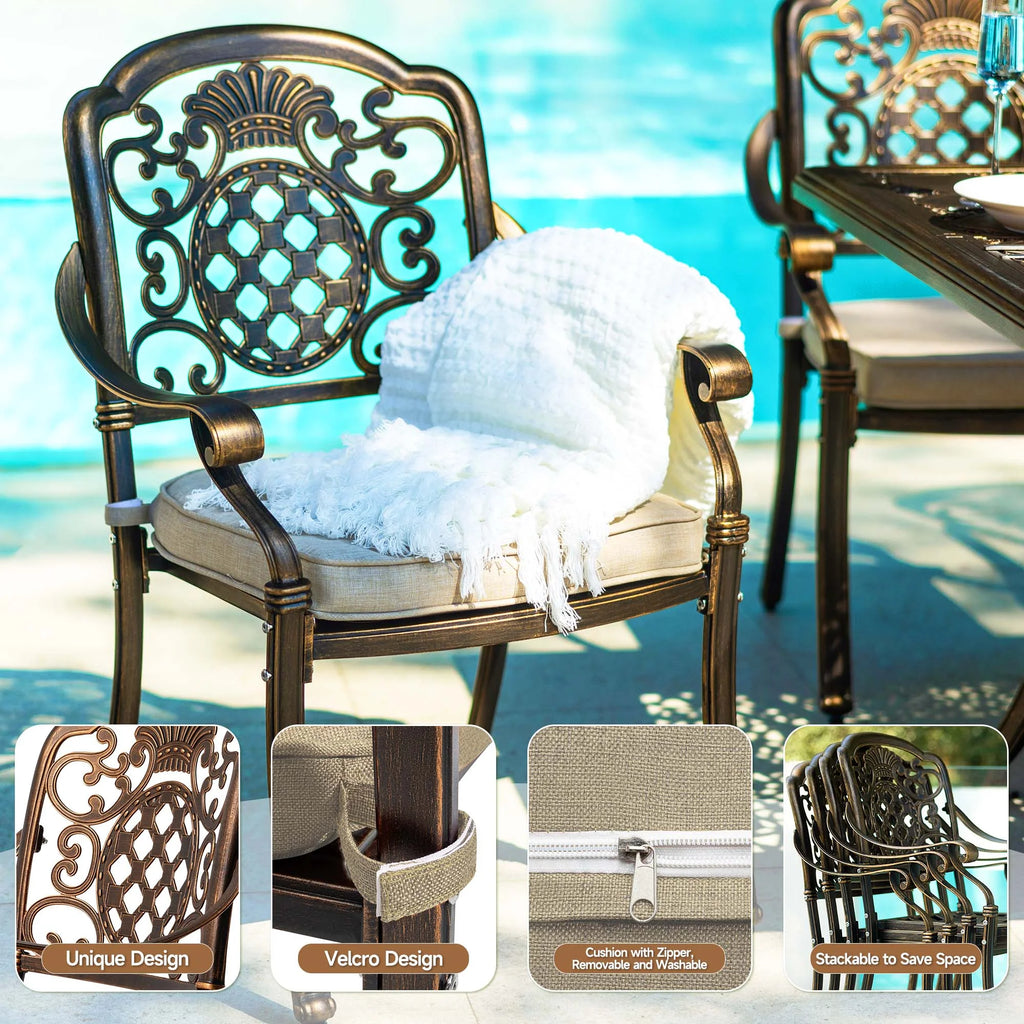 7 - Piece Patio Furniture Dining Set, All - Weather Cast Aluminum Outdoor Table and Chairs for 6, Includes 4 Dining Chair & 2 Swivel Chairs & 60 Rectangular Table, Beige