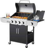 Upgraded 4 Burner BBQ Propane Gas Grill with Cast Iron Grates & Side Stove, 44,000 BTU Stainless Steel Burner Barbecue Grill for Patio, Camping, Outdoor Cooking.