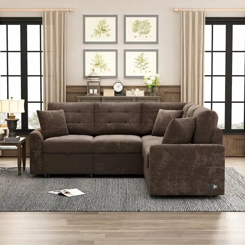 82.6-Inch L-Shaped Sleeper Sofa with Pull-Out Feature, Wheels, USB Ports, and Power Sockets - Dimensions: 82.6W x 82.6D x 33H