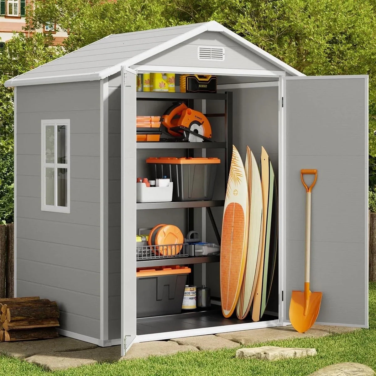 6x4 FT Resin Storage Shed, Lofka Plastic Outdoor Shed with Heavy Duty Floors, 135.6 cu ft, Colorfast, Side Window, Double Lockable Doors for Garden Backyard