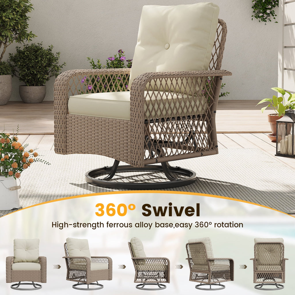 ELPOSUN 3 Pieces Patio Furniture Set, Outdoor Swivel Gliders Rocker, Wicker Patio Bistro Set with Rattan Rocking Chair, Glass Top Side Table and Thickened Cushions for Porch Deck Backyard
