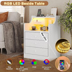 Nightstand with 3 Drawers and Shelves, Night Stand with LED Lights and USB Port Charging Station, LED Bedside Table with Hutch, Black