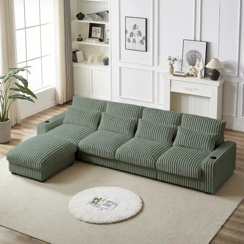 126W Large L-Shaped Corduroy Sofa with USB Charging Port