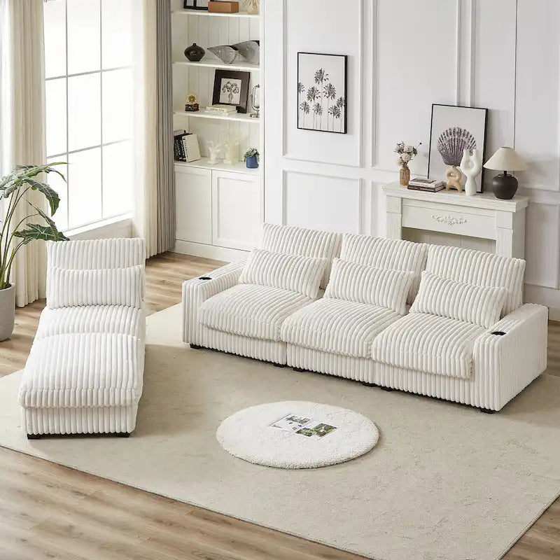 126W Large L-Shaped Corduroy Sofa with USB Charging Port