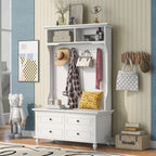 Hall Tree with Upholstered Bench and Coat Rack, Entryway Bench with 3 Hooks, 3 Open Shelves, 2 Drawers & Storage Cabinets, Mudroom Bench with Storage and Hooks for Foyer, Entry Way, Hallway (Beige)