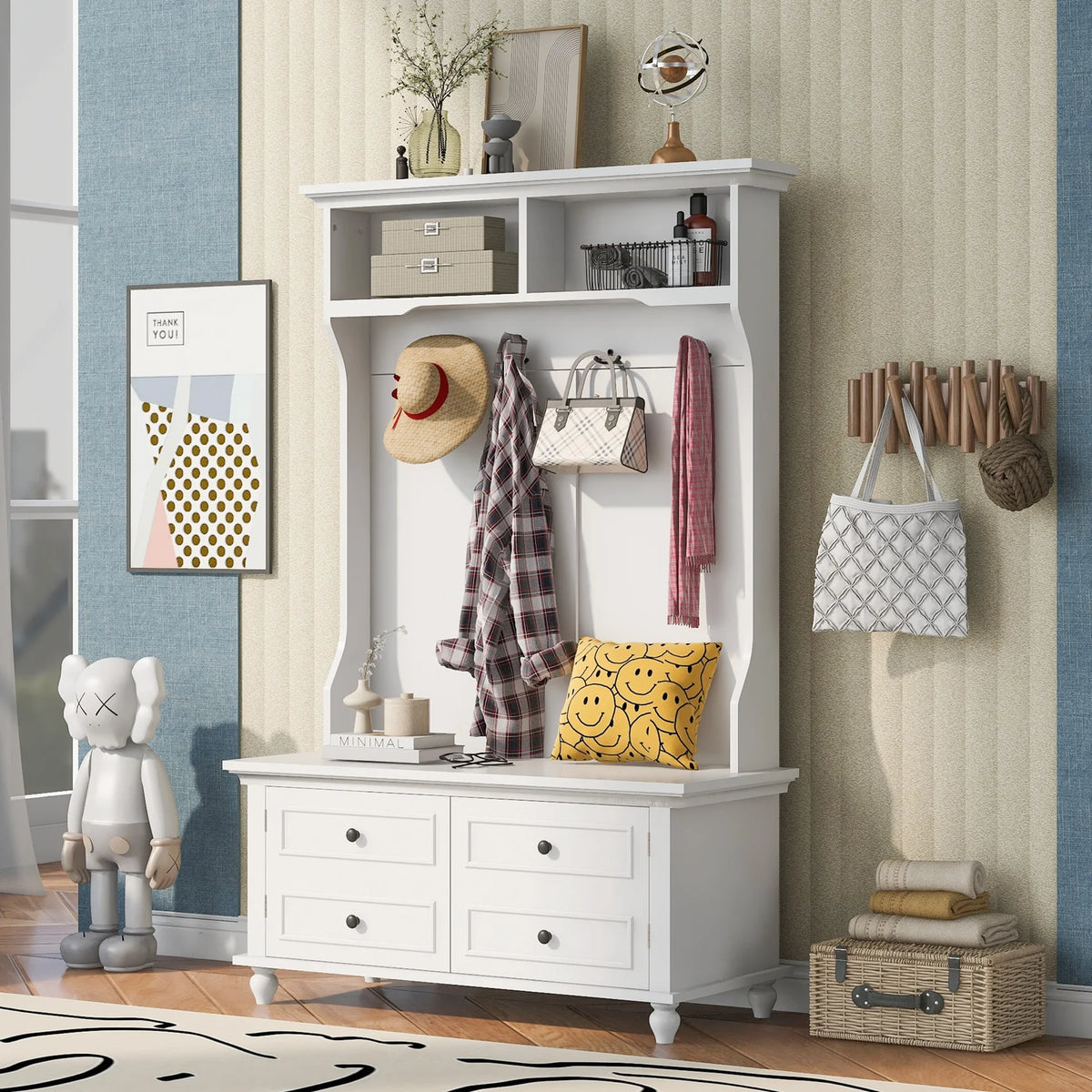 Hall Tree with Upholstered Bench and Coat Rack, Entryway Bench with 3 Hooks, 3 Open Shelves, 2 Drawers & Storage Cabinets, Mudroom Bench with Storage and Hooks for Foyer, Entry Way, Hallway (Beige)