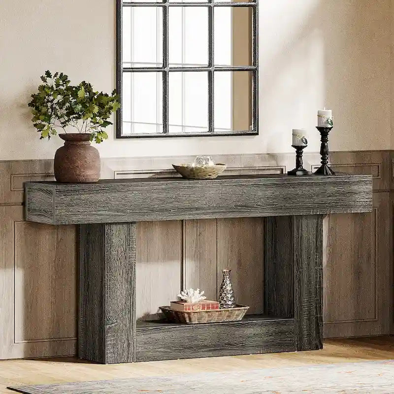 63-Inch Brown and Gray Slim Wooden Console Table for Entryway