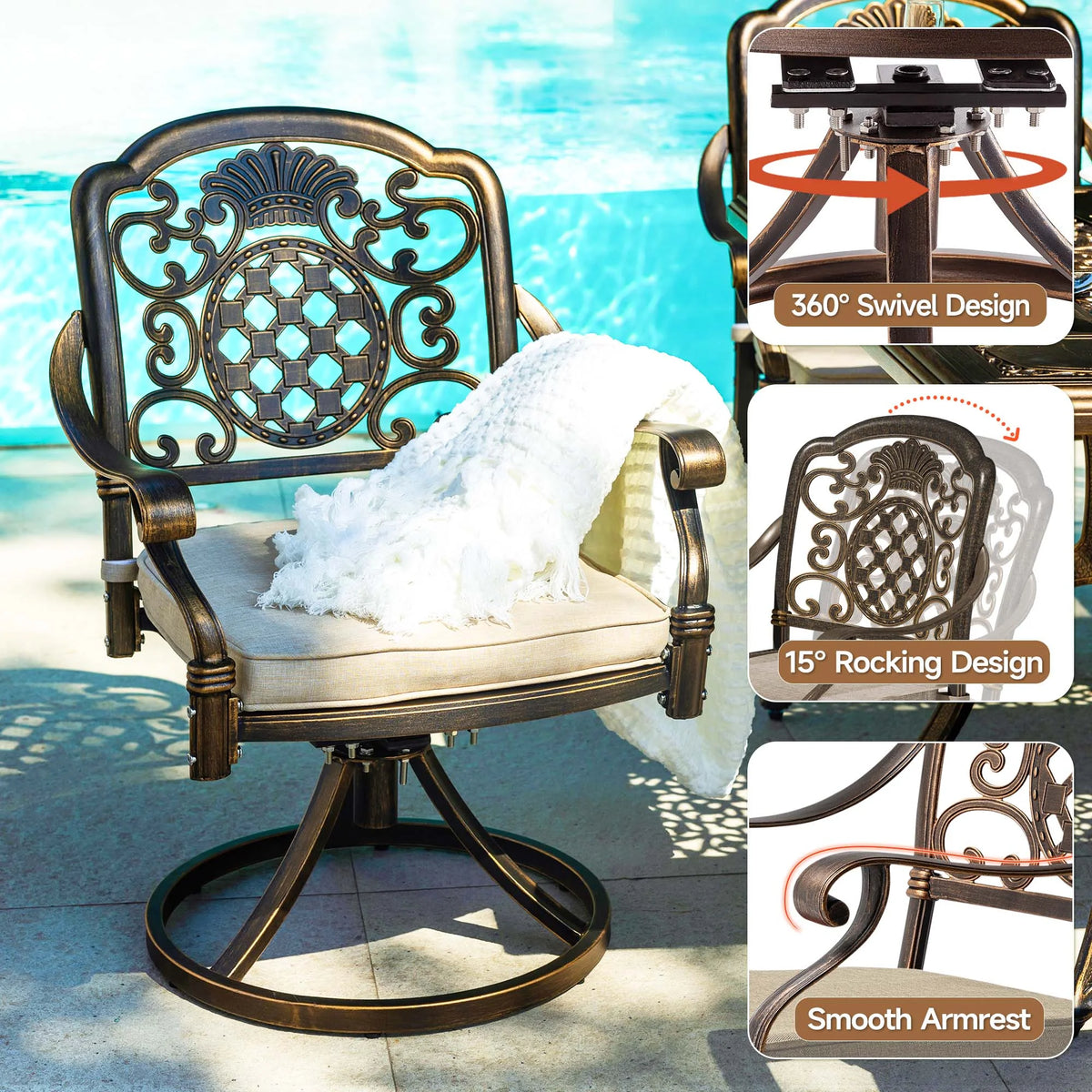 7 - Piece Patio Furniture Dining Set, All - Weather Cast Aluminum Outdoor Table and Chairs for 6, Includes 4 Dining Chair & 2 Swivel Chairs & 60 Rectangular Table, Beige