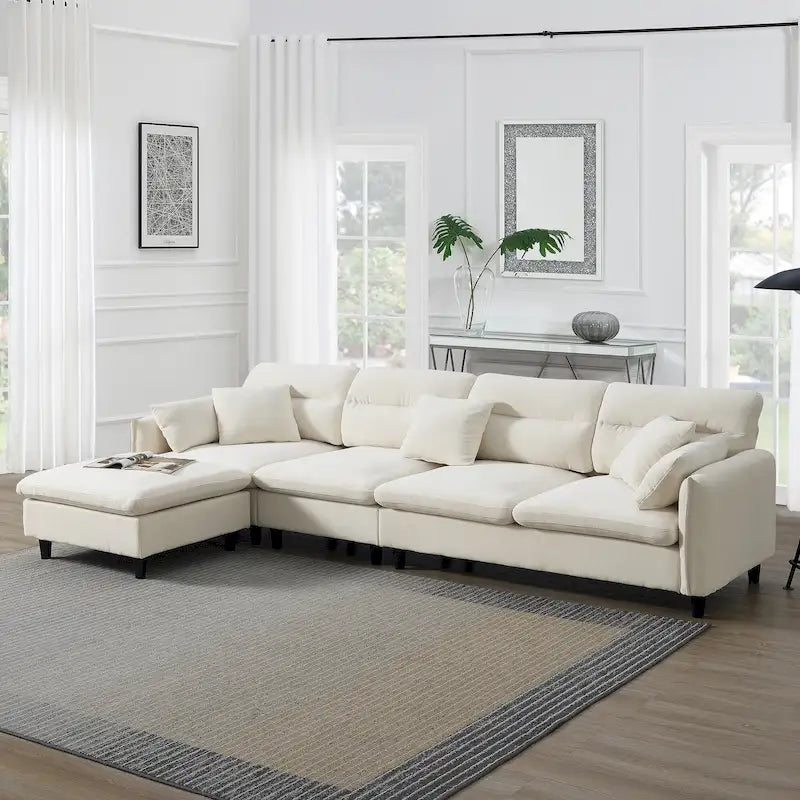 110-Inch L-Shaped 5-Seater Sectional Sofa with Removable Ottoman, Cloud Chenille Fabric, and 5 Cushions