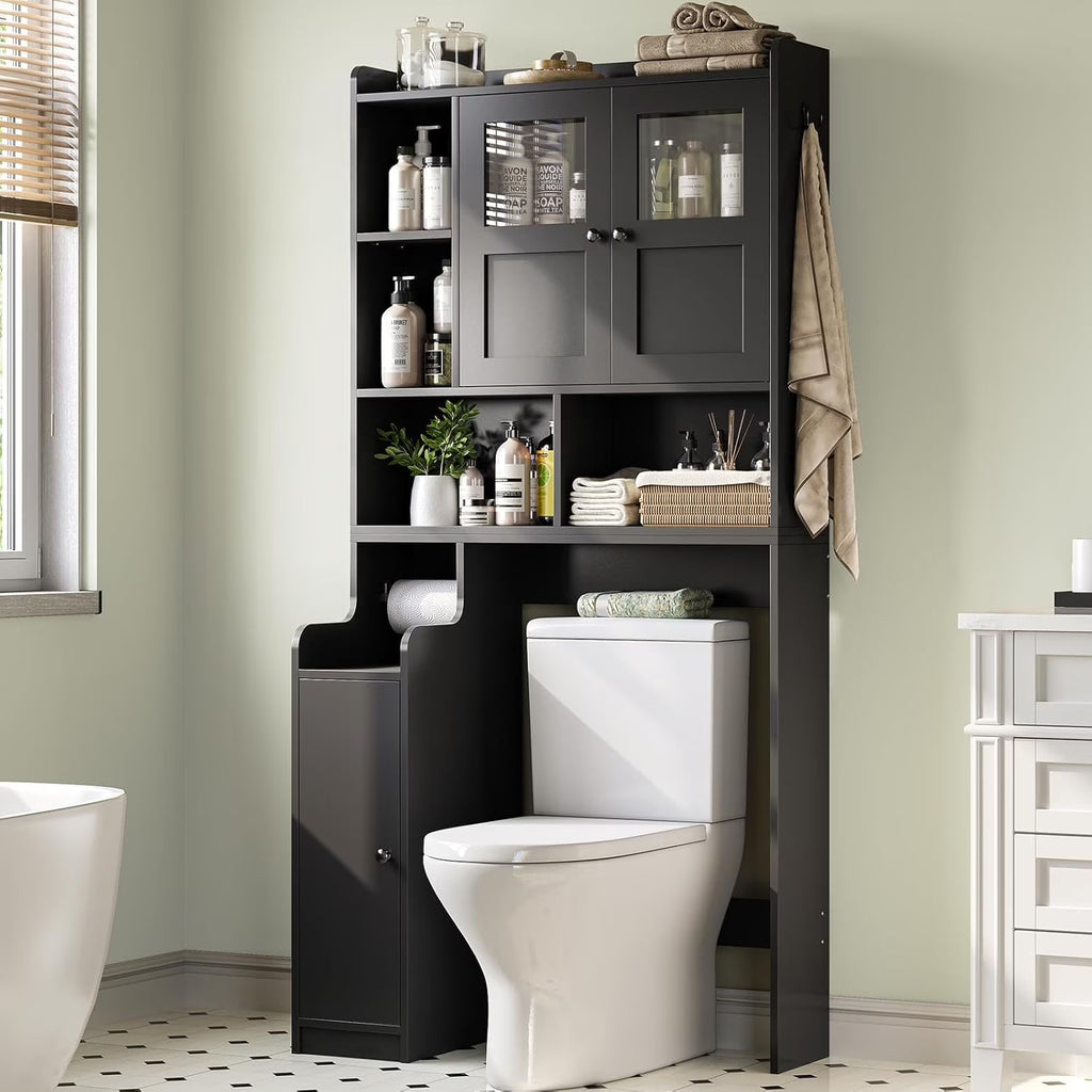 Over the Toilet Storage Cabinet with 3 Doors, Farmhouse Space Saver for Bathroom Organizer with Paper Holder, 10 Shelves and Hooks, 7 - Tier Over Washing Machine Cabinet for Laundry, Bathroom, Natural