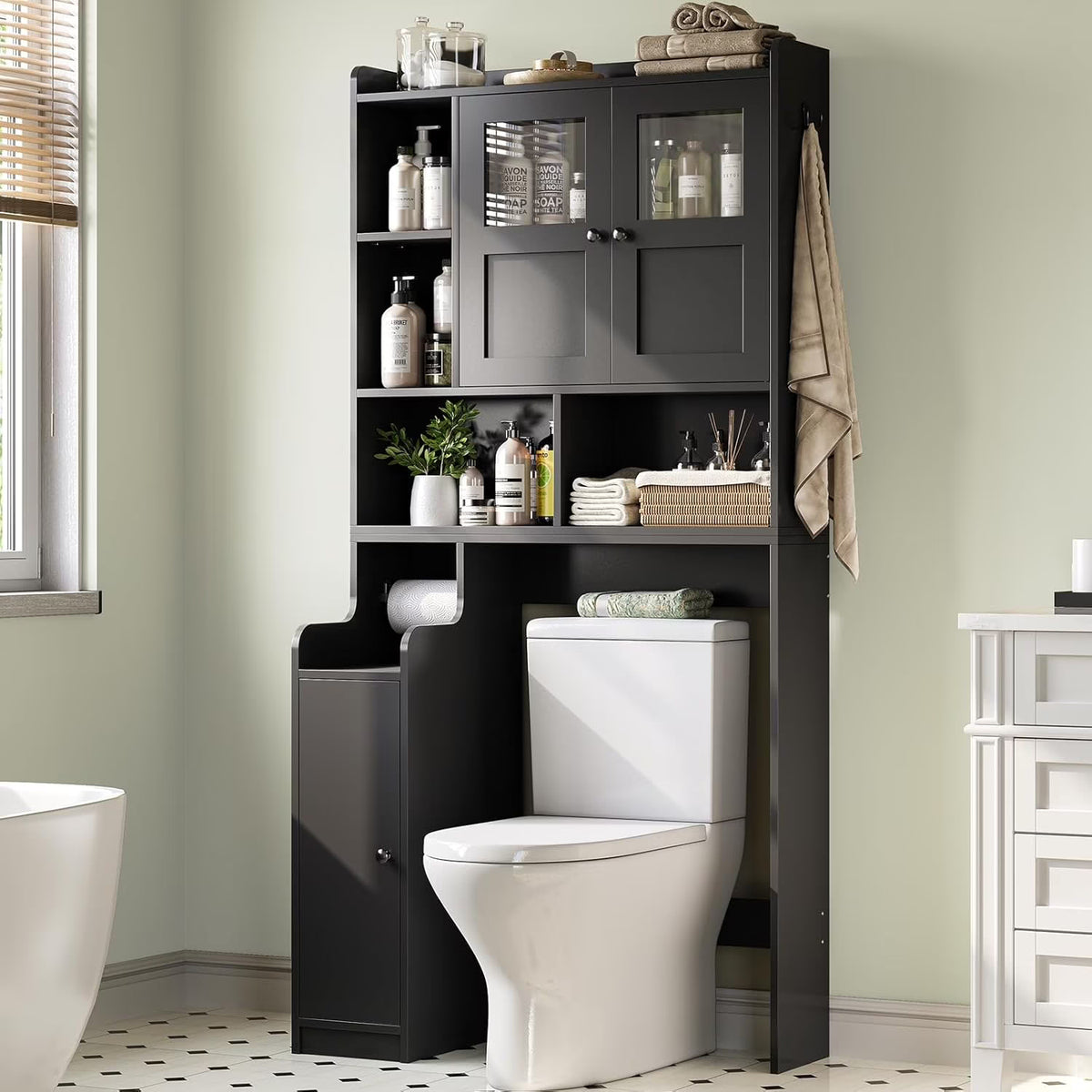 Over the Toilet Storage Cabinet with 3 Doors, Farmhouse Space Saver for Bathroom Organizer with Paper Holder, 10 Shelves and Hooks, 7 - Tier Over Washing Machine Cabinet for Laundry, Bathroom, Natural