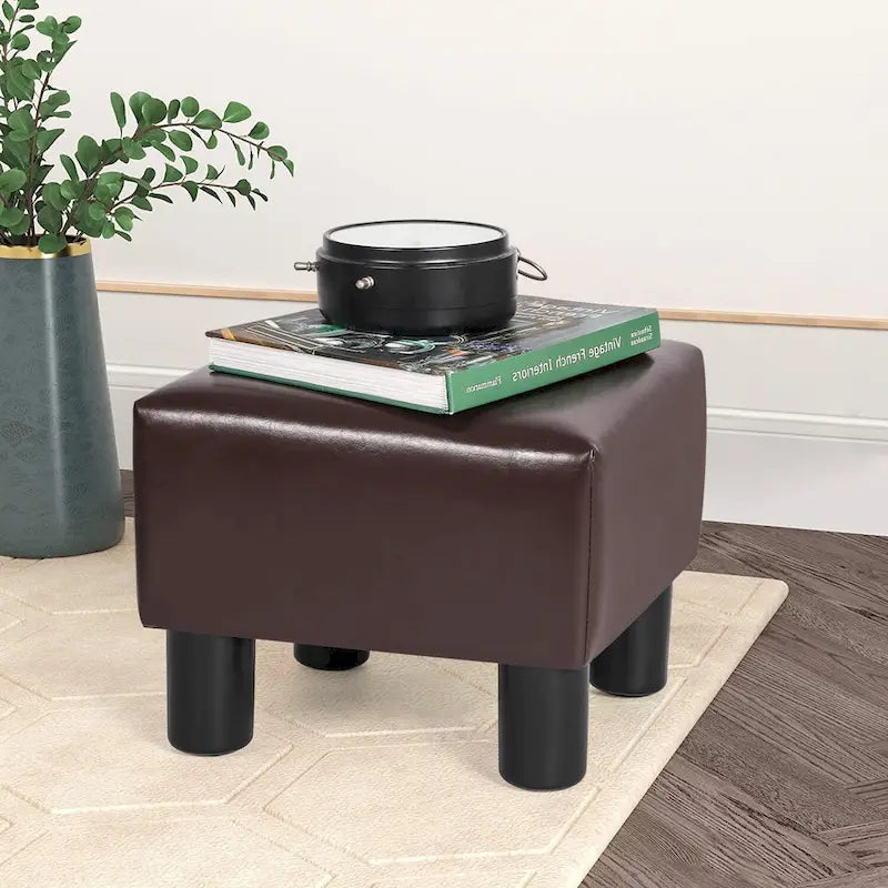 Square Footrest Stool with Upholstered Seat and Wooden Legs