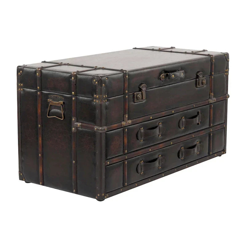 Roche River Decor Faux Leather or Linen Fabric Coffee Table Trunk with 2 Drawers and Buckle Hinged Top - Available in Dark Blue or Brown