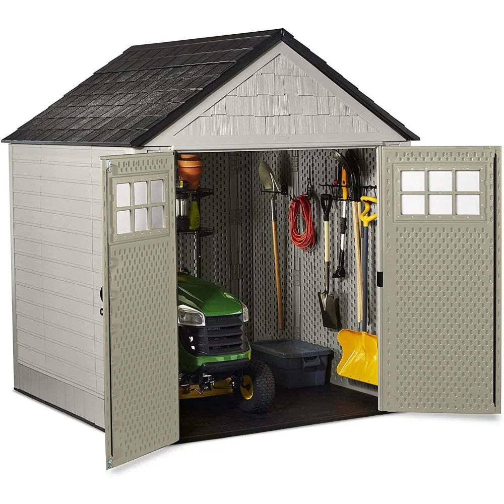 Rubbermaid 7×7 Ft Durable Weather Resistant Resin Outdoor Garden Storage Shed with Windows and Utility Hooks, Sand