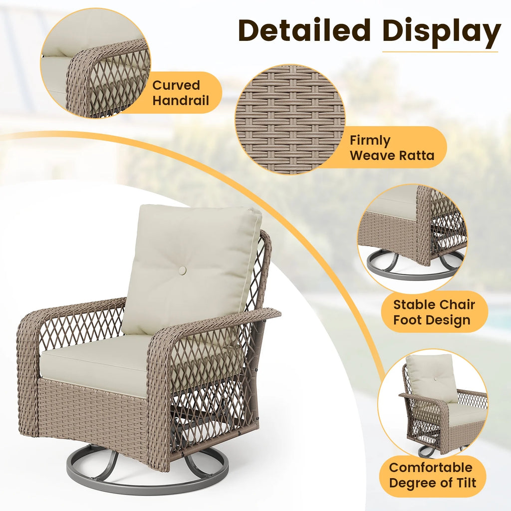 ELPOSUN 3 Pieces Patio Furniture Set, Outdoor Swivel Gliders Rocker, Wicker Patio Bistro Set with Rattan Rocking Chair, Glass Top Side Table and Thickened Cushions for Porch Deck Backyard