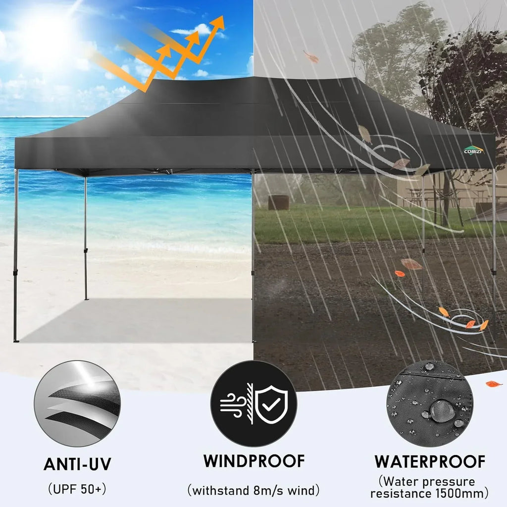 COBIZI 10x20 Heavy Duty Pop up Canopy Tent with 6 sidewalls Easy Up Commercial Outdoor Canopy Wedding Party Tents for Parties All Season Wind & Waterproof Gazebo with Roller Bag,Black(Frame Thickened)