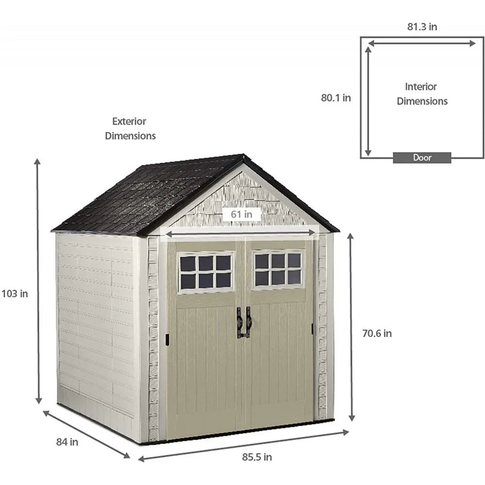 Rubbermaid 7×7 Ft Durable Weather Resistant Resin Outdoor Garden Storage Shed with Windows and Utility Hooks, Sand