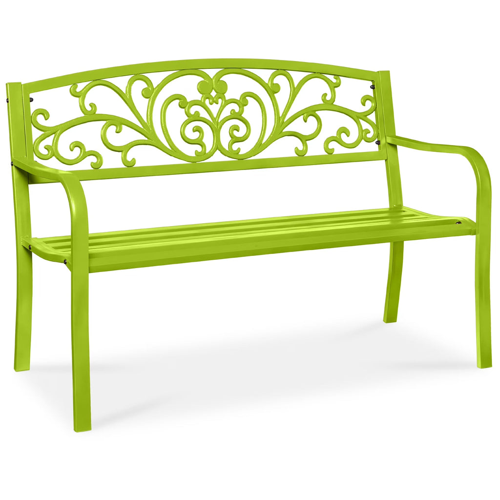 Best Choice Products Outdoor Steel Bench Garden Patio Porch Furniture W/ Floral Design Backrest - Black