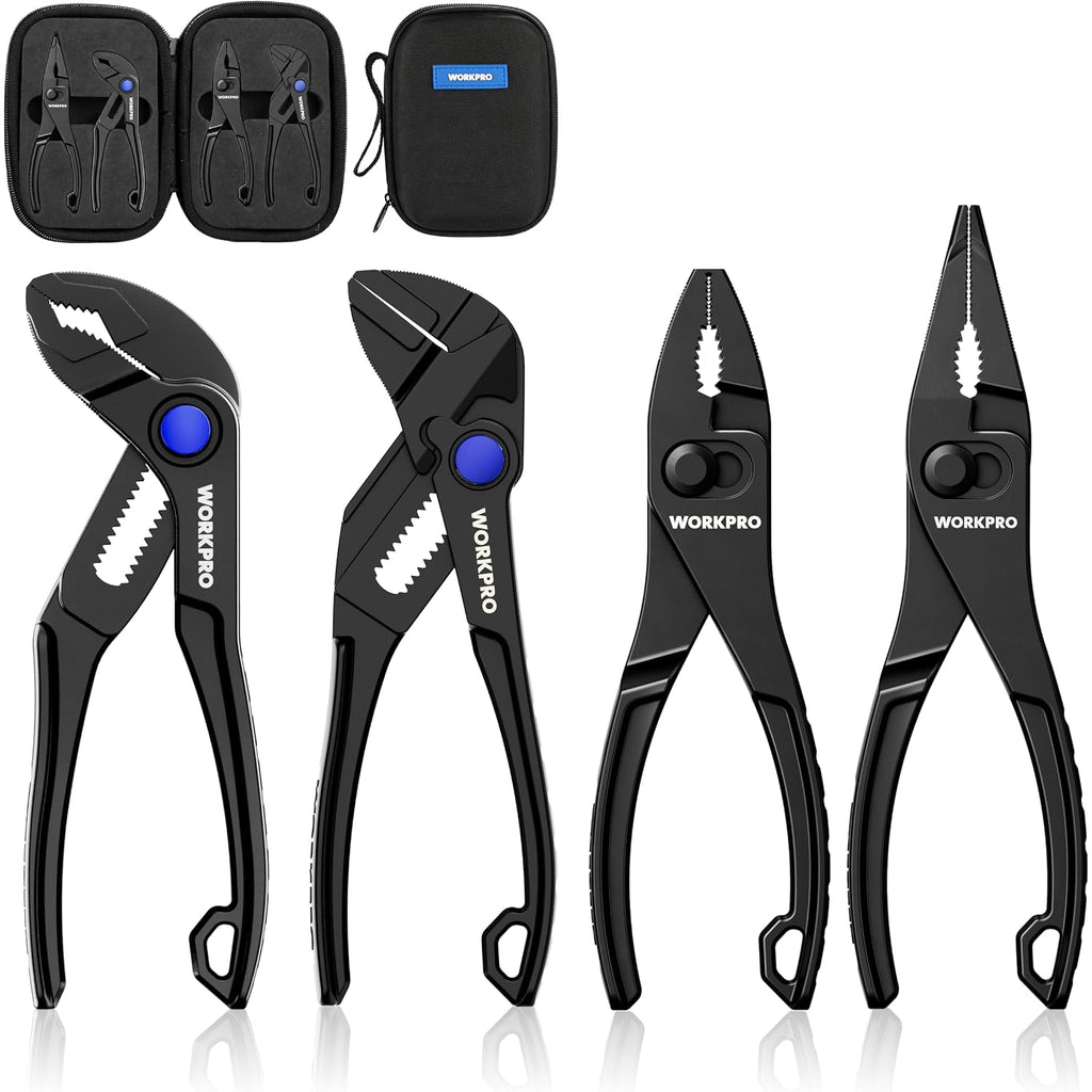 WORKPRO 4-Piece Mini Pliers Set with Pouch, Includes 4-Inch Plier Wrench & Slip Joint & Water Pump Pliers & 4.5-Inch Long Nose Slip Joint Plier, Adjustable Pliers/Pocket Plier/EDC Tool Gift for Man
