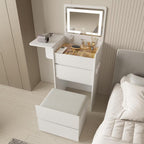 Vanity Desk with Flip Top Lighted Mirror, Compact Makeup Table with Storage Stool, Integrated Vanity with Drawers, 3 - in - 1 Vanity Set, Small Dressing Desk for Bedroom