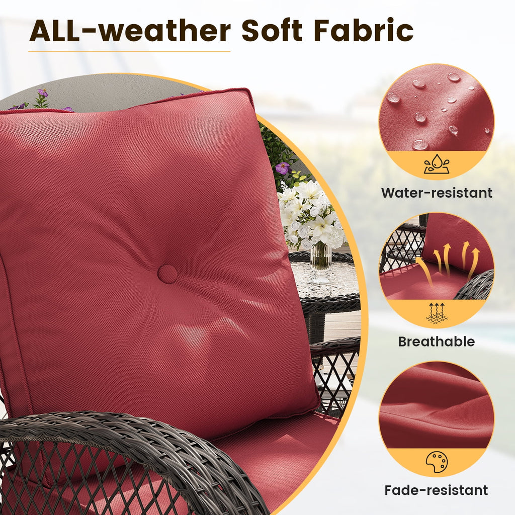 ELPOSUN 3 Pieces Patio Furniture Set, Outdoor Swivel Gliders Rocker, Wicker Patio Bistro Set with Rattan Rocking Chair, Glass Top Side Table and Thickened Cushions for Porch Deck Backyard