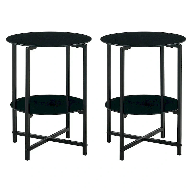 Black 2-Piece Tempered Glass End Table Set - Round Coffee Table for Bedroom, Living Room, and Office