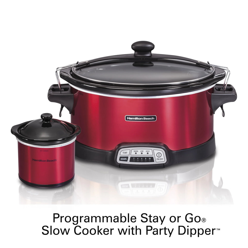 Hamilton Beach Stay or Go Programmable Slow Cooker with Party Dipper, 7 Quart Capacity, Removable Crock, Red, 33478