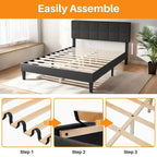 Modern Platform Bed Frame with Adjustable Headboard - Sturdy Geometric Upholstered Design with 800LBS Capacity and Solid Wooden Slats