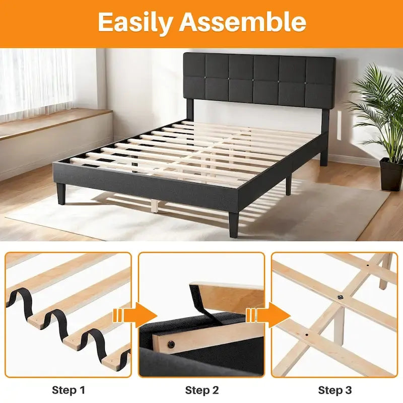 Modern Platform Bed Frame with Adjustable Headboard - Sturdy Geometric Upholstered Design with 800LBS Capacity and Solid Wooden Slats