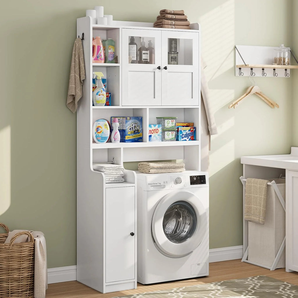 Over the Toilet Storage Cabinet with 3 Doors, Farmhouse Space Saver for Bathroom Organizer with Paper Holder, 10 Shelves and Hooks, 7 - Tier Over Washing Machine Cabinet for Laundry, Bathroom, Natural