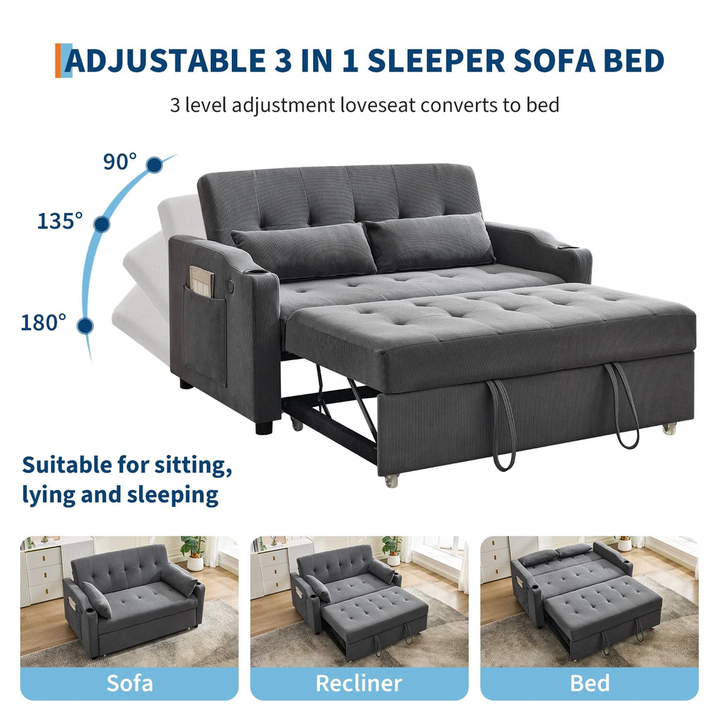 3 in 1 Convertible Sleeper Sofa Bed, Corduroy Futon Couches with Pull - Out Bed, Adjustable Backrest, Charging Port & Side Pockets, Modern Upholstered Sofa for Living Room, Guest Room