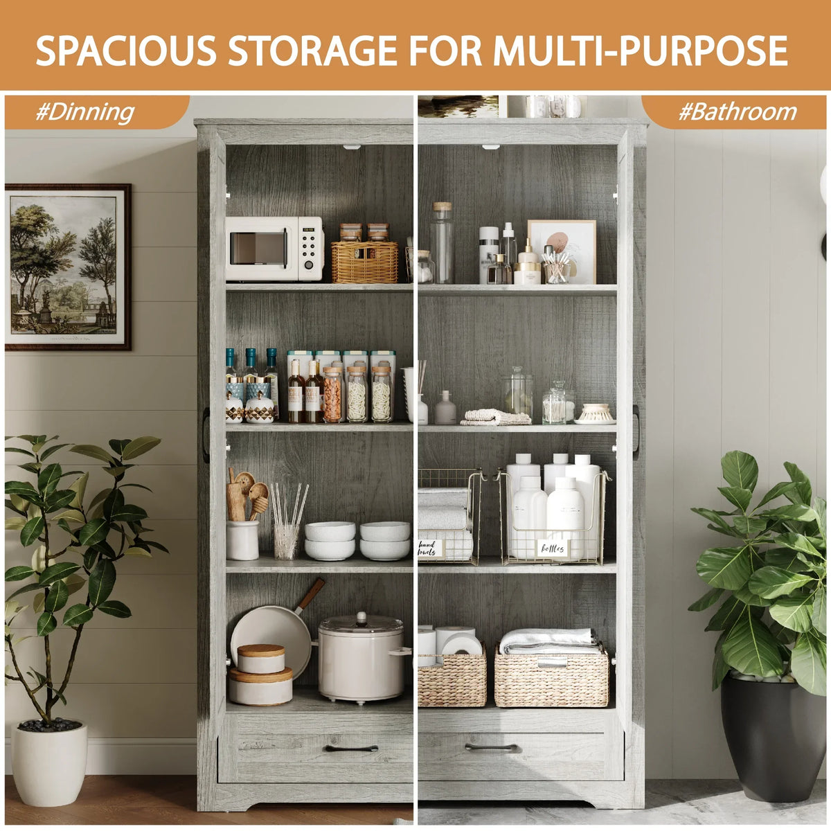 YouTrend 69" Tall Kitchen Pantry,Farmhouse Storage Cabinet with 2 Barn Doors 4 Adjustable Shelves and Large Drawer for Dining Room,Living Room,Bathroom,White