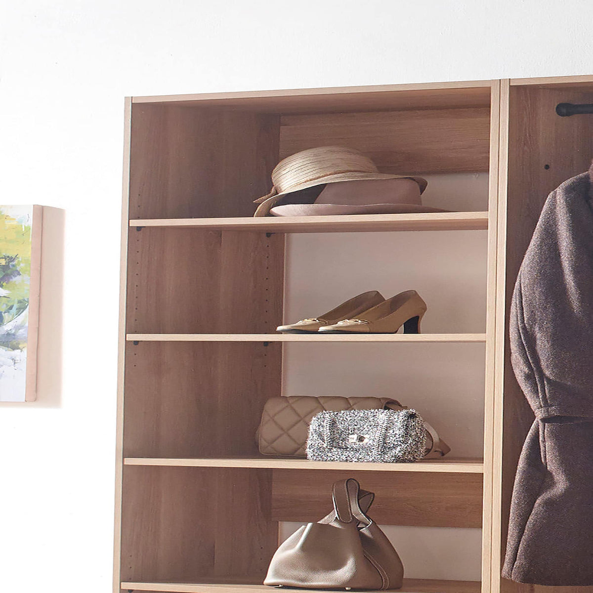 Klair Living Prosper 125.52-in to 125.52-in W Walk-in Portable closet Oak Solid Shelving Wood Closet System