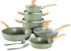 Kitchen Academy Induction Cookware Sets - 12 Piece Green Cooking Pan Set, Granite Nonstick Pots and Pans Set