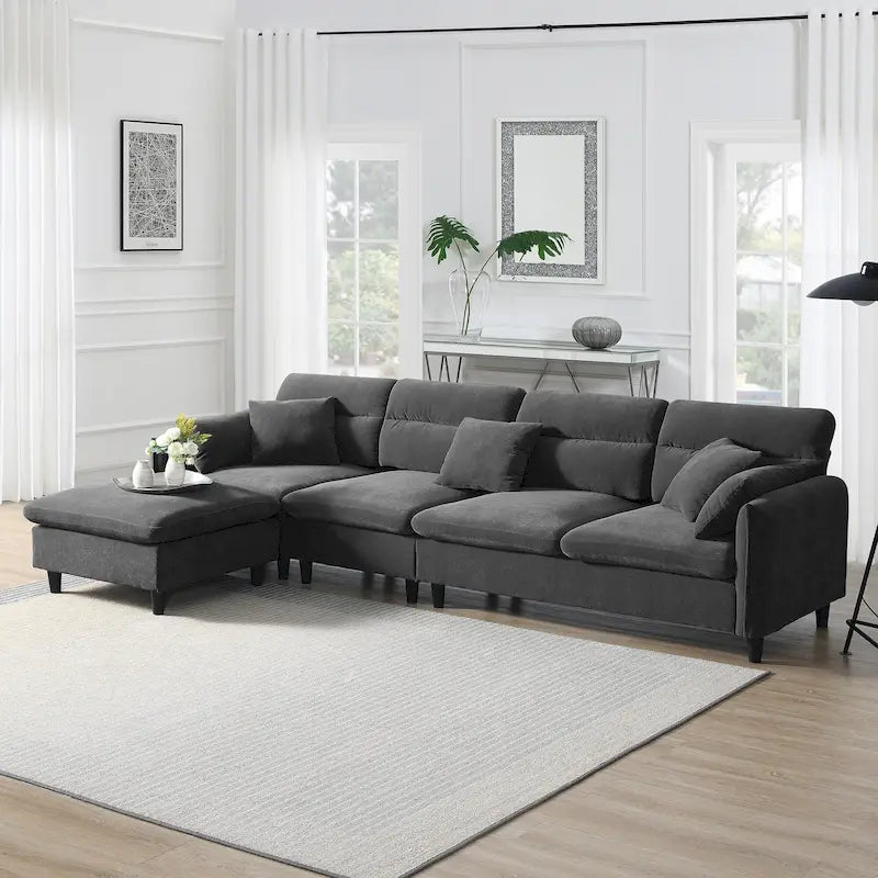 110-Inch L-Shaped 5-Seater Sectional Sofa with Removable Ottoman, Cloud Chenille Fabric, and 5 Cushions