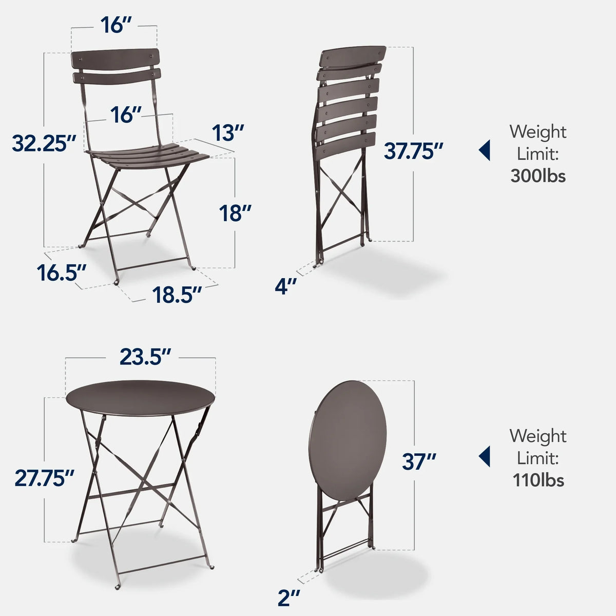 Best Choice Products 3-Piece Small Bistro Set, Folding Patio Furniture Set of 2 Chairs and Table - Black
