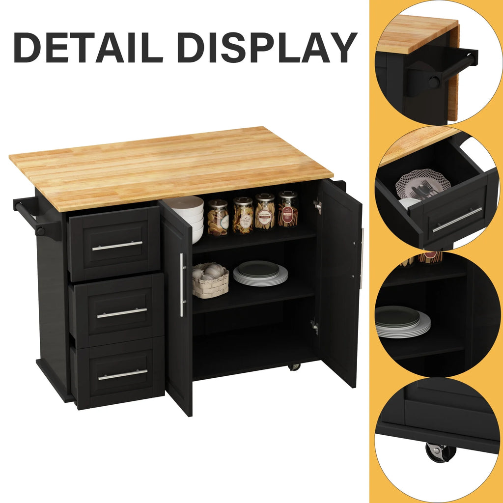Movable Kitchen Island Cart with 2 Door Cabinet, 2 Drawers and Drop Leaf Top, Island Table with Spice Rack, Towel Holder, Wine Rack and Wheels, Kitchen Storage Cabinet, White